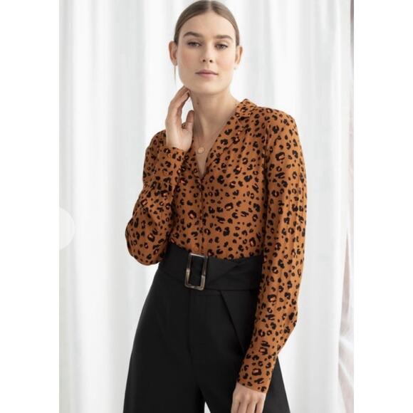 & Other Stories Brown Leopard Print Button Up Blouse Size 6 Contemporary Cheetah - Picture 1 of 7